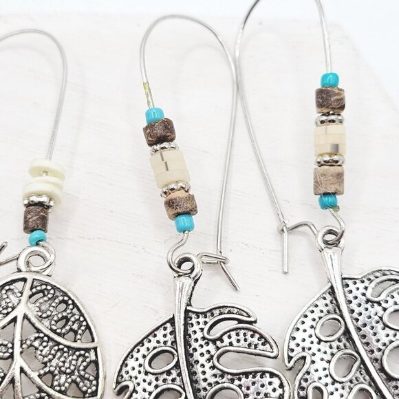 2 Drop Dangle Leaf Earrings Silver Tone Boho Bohemian 2.75" Large Hooks EUC - Picture 4 of 5